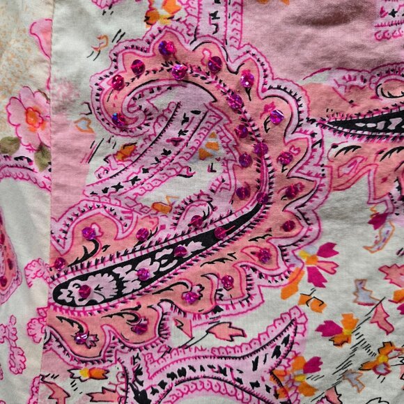 Y2K Pink Floral Paisley Midi Skirt Sequins Fairy Boho size M Cotton A Line - Picture 4 of 9